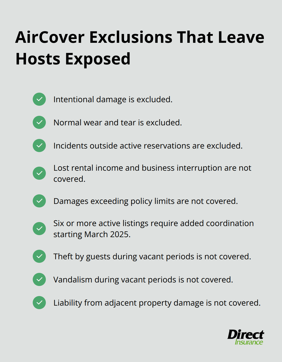 Checklist of common Airbnb AirCover exclusions for hosts.