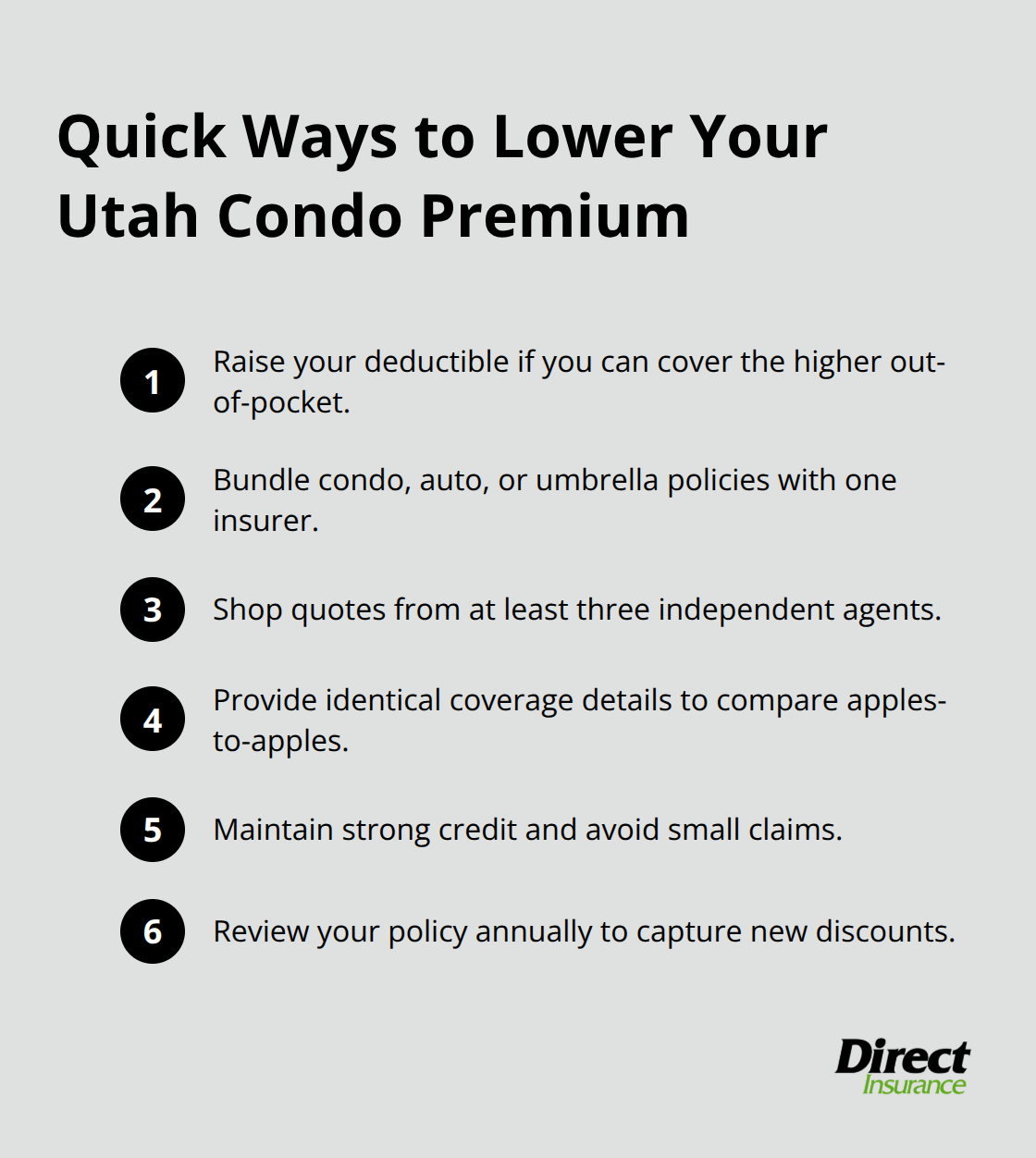 Compact list of actionable savings strategies for HO-6 condo insurance in Utah.