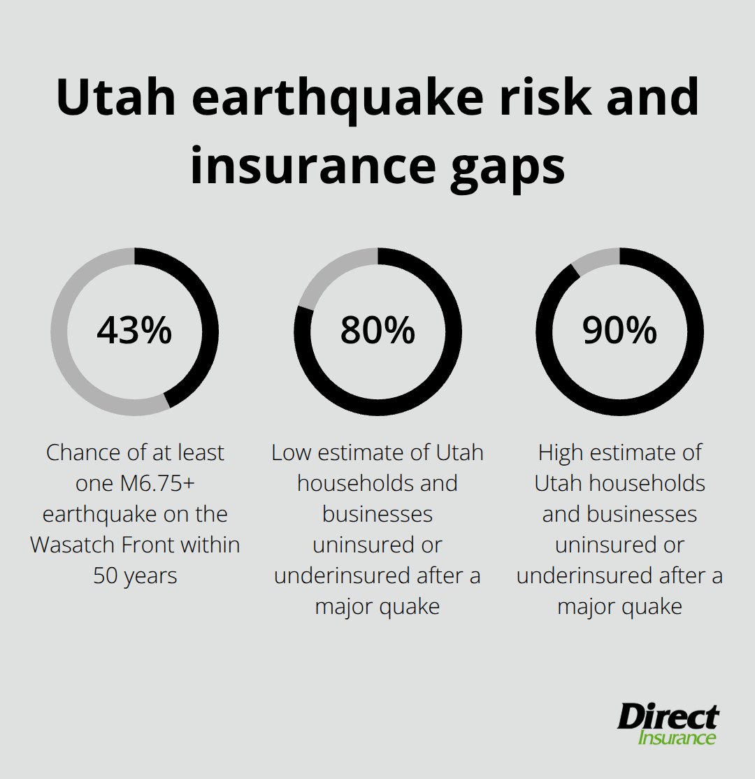 Chart showing a 43% probability of a major Utah earthquake within 50 years and an estimated 80–90% uninsured/underinsured rate after a major quake.