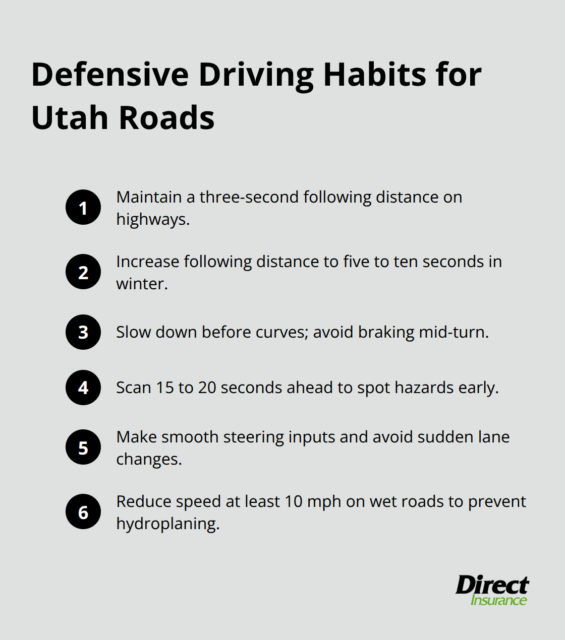 Compact checklist of core defensive driving habits tailored to Utah conditions. - New driver auto Utah