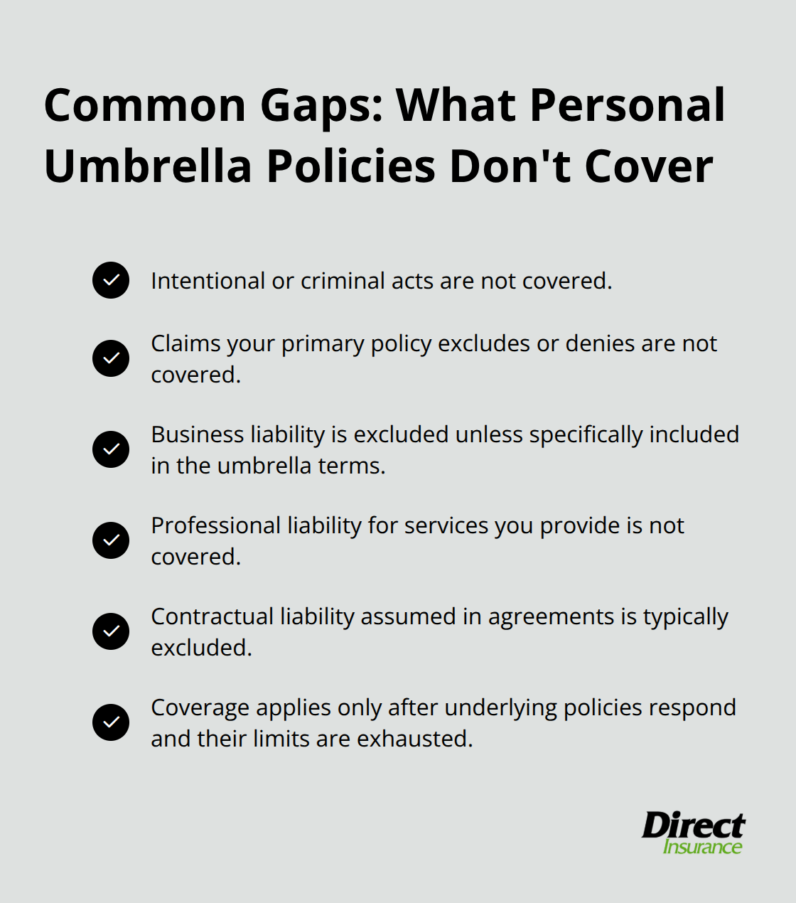 Checklist of frequent personal umbrella exclusions, including intentional acts, business and professional liability, contractual liability, and the requirement that underlying policies respond first. - Personal umbrella Utah tips
