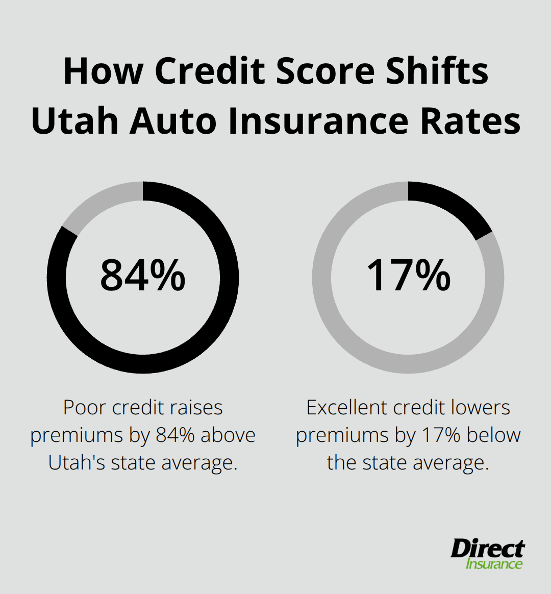 Chart showing how poor vs. excellent credit changes Utah auto insurance premiums relative to the state average. - Utah auto insurance quotes
