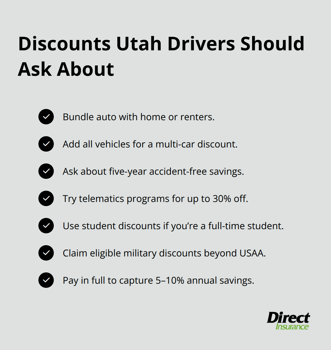 Checklist of common auto insurance discounts available to Utah drivers. - Utah auto insurance quotes