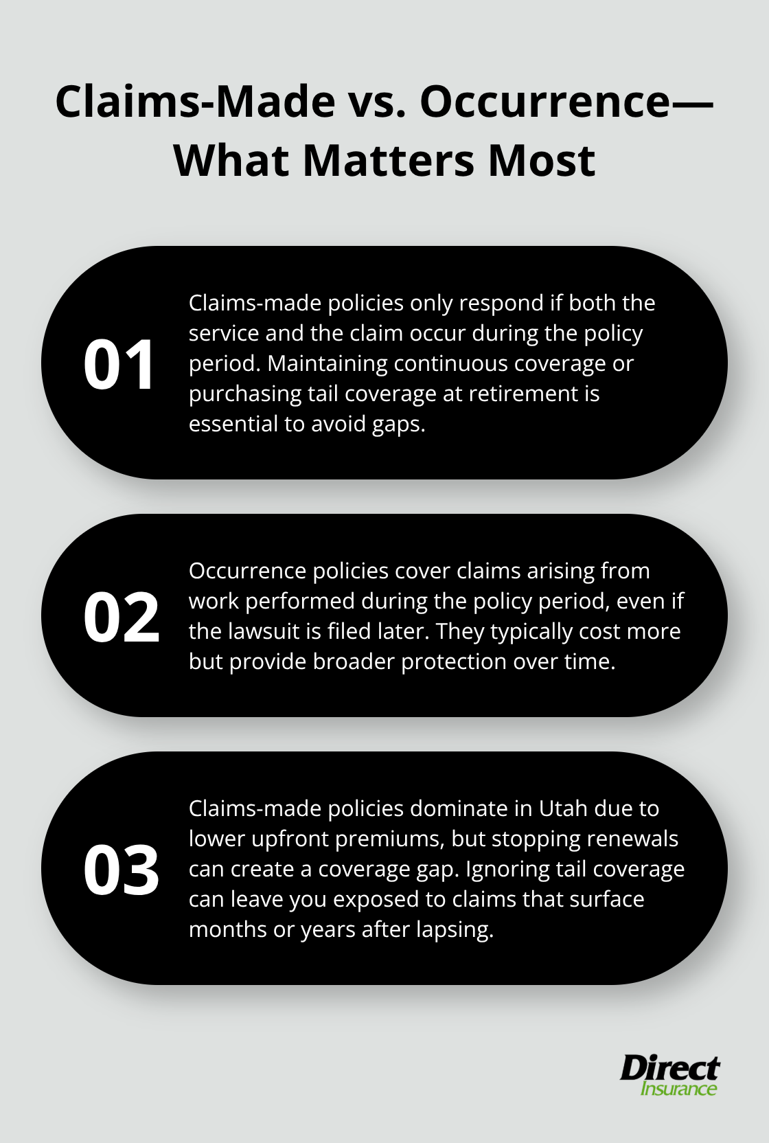Three key points comparing claims-made and occurrence professional liability policies and the importance of tail coverage - Utah professional liability insurance