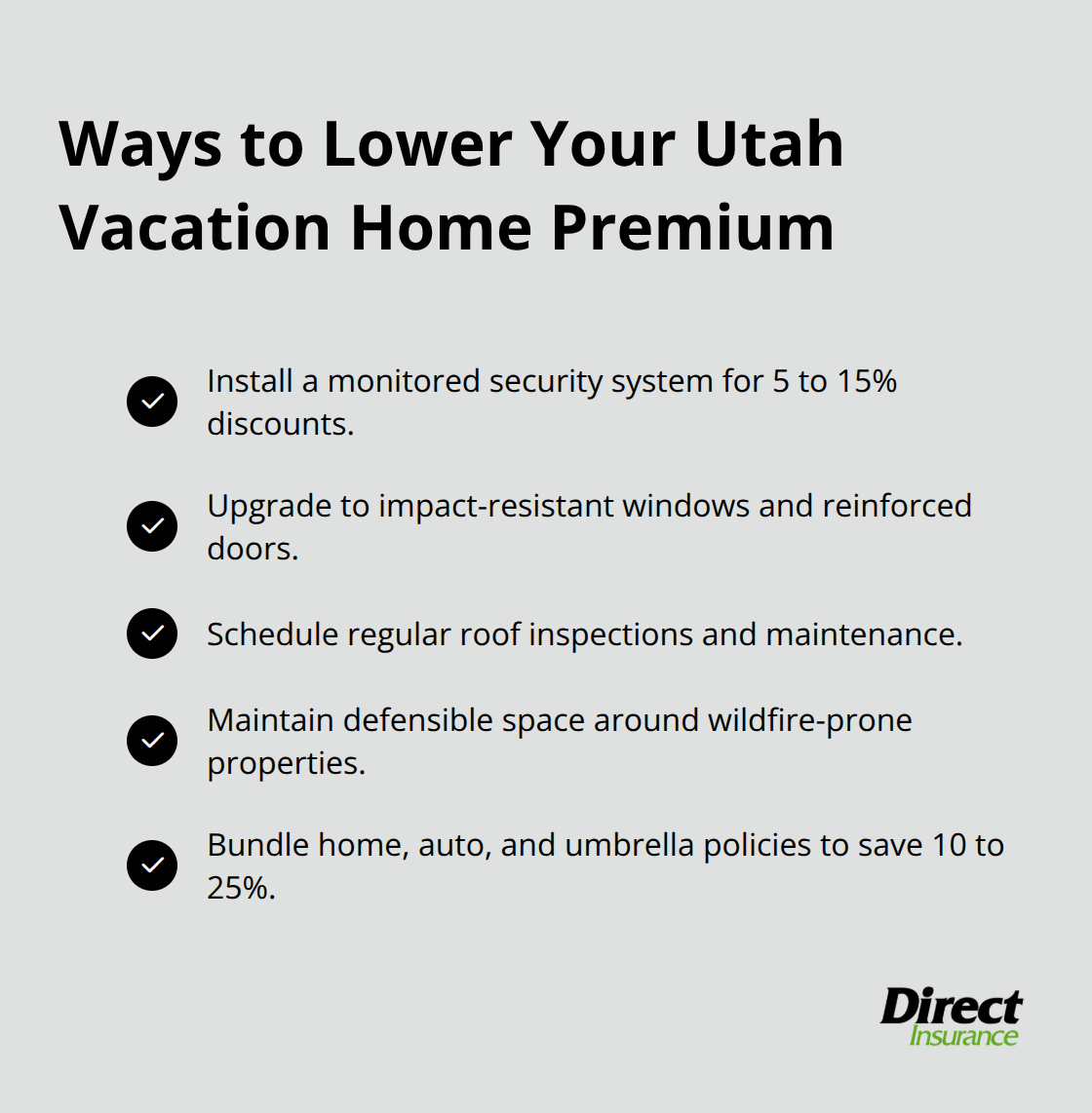 Checklist of discounts and upgrades that reduce insurance premiums - Vacation home policy Utah