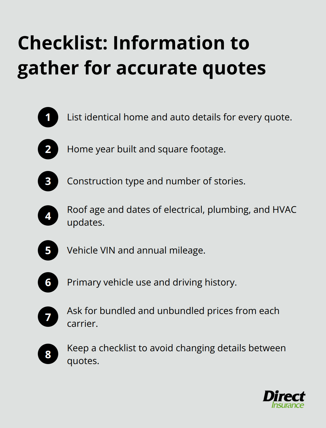 Compact checklist of home, vehicle, and personal details to collect before requesting insurance quotes
