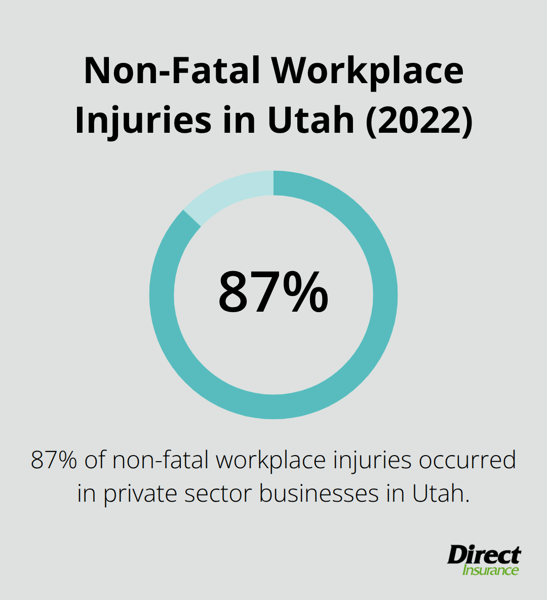 Pie chart showing 87% of non-fatal workplace injuries occurred in private sector businesses in Utah in 2022 - business insurance Salt Lake City