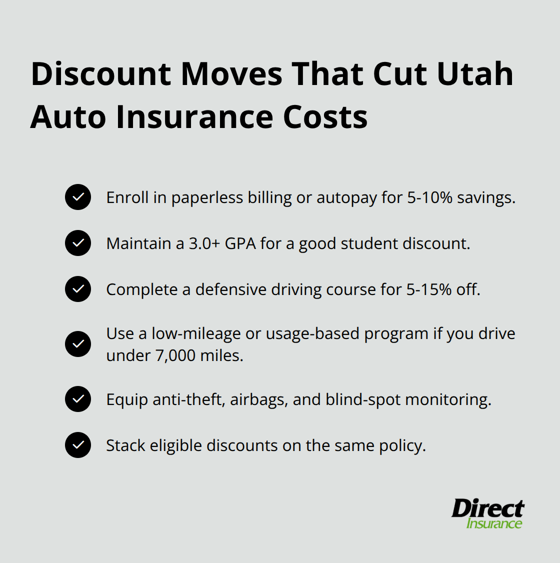Checklist of common discounts that can lower your Utah auto insurance premium. - cheapest auto insurance utah