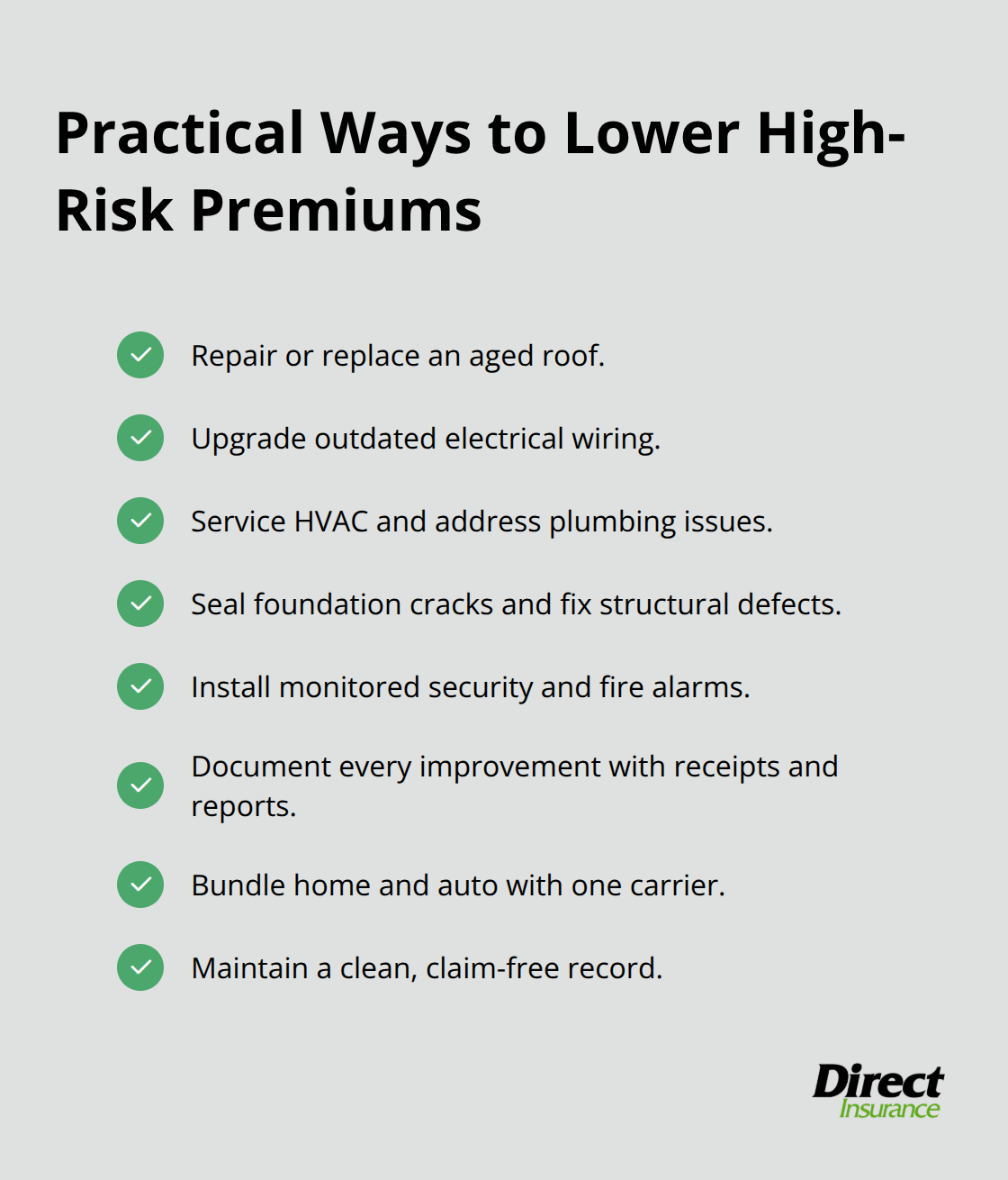 Checklist of actions to reduce premiums and improve insurability. - high-risk home insurance