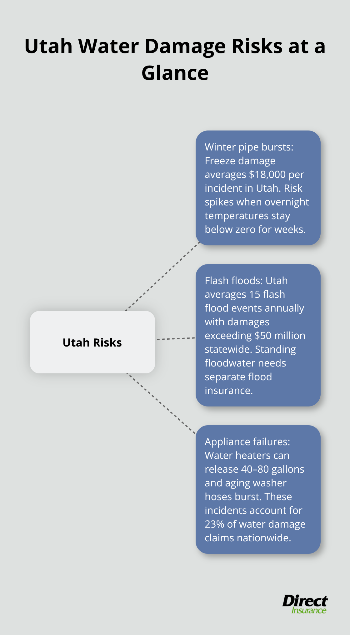 Hub-and-spoke showing Utah’s main water damage risks and why they matter. - home insurance and water damage