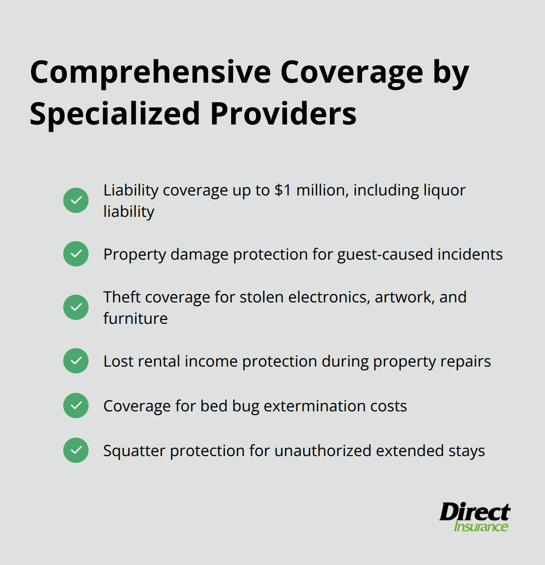 Checkmark list showing comprehensive coverage types offered by specialized short-term rental insurance providers - short term rental insurance Utah